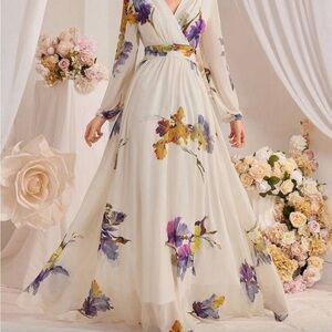 SHEIN Cream Maxi Dress with Purple & Yellow Floral Print